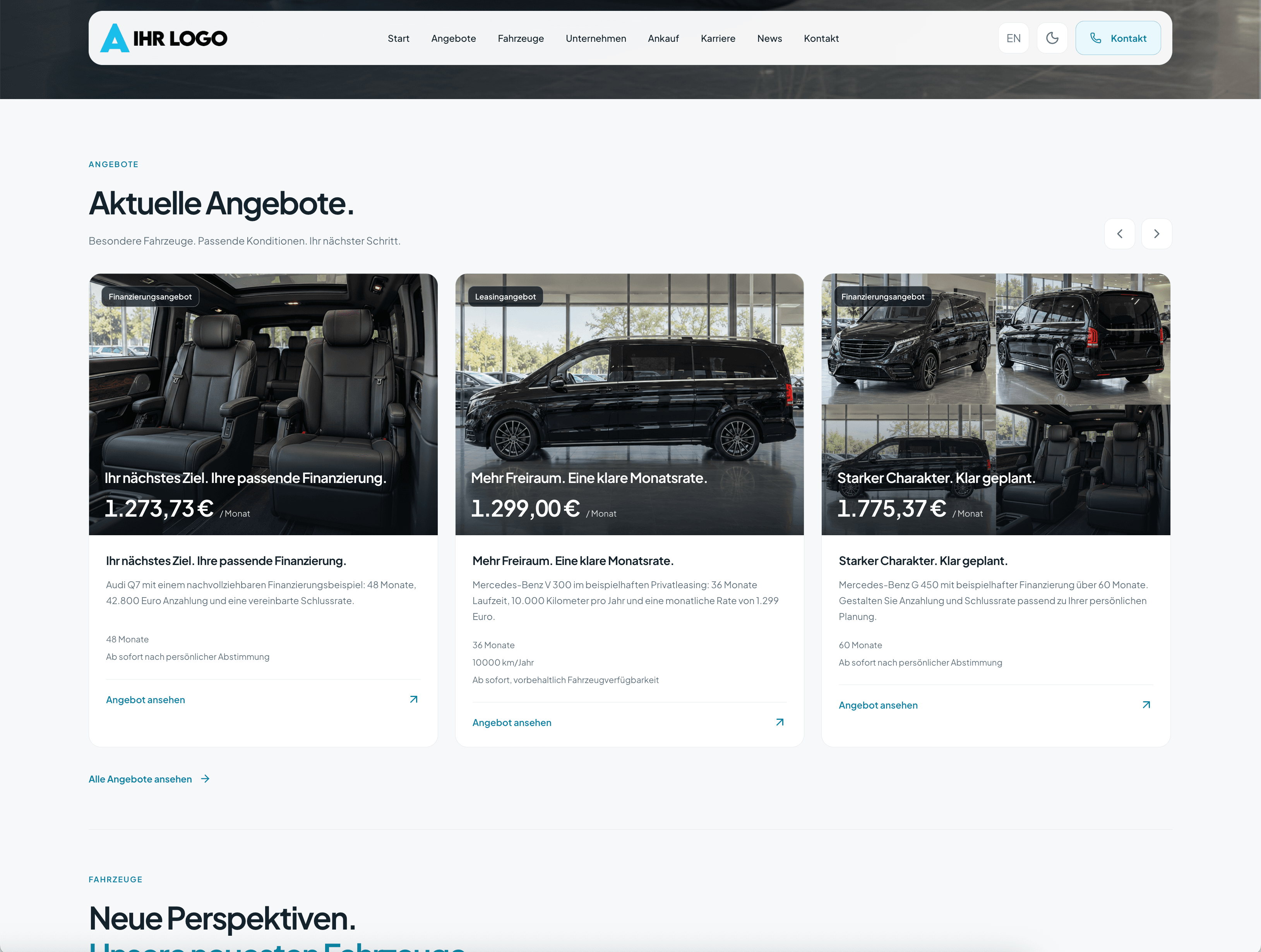 Händlerwebseite mit Fahrzeugangeboten im Hellmodus